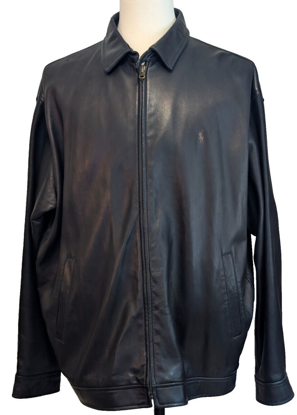 Vtg Polo Ralph Lauren Black Leather Jacket Men's XXL Houndstooth Lined Coat